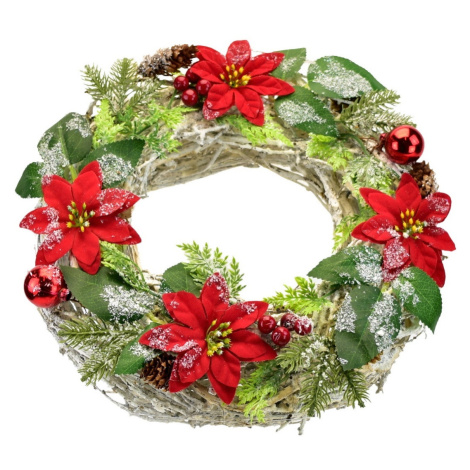 Vianočný ozdobený veniec Poinsettia a prútie, 30 cm
