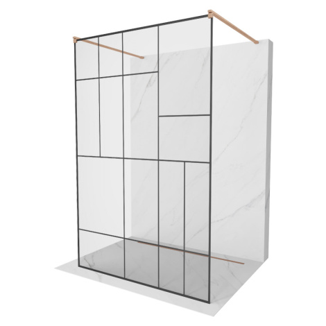 Mexen Kioto, sprchová zástena Walk-In 100 x 200 cm, 8mm sklo čierny vzor, medený matný profil, 8