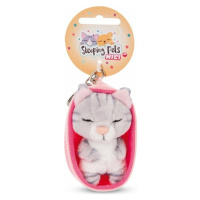 NICI kľúčenka Spiaca mačička 8cm šedá pruhovaná, košík svetlo ružový