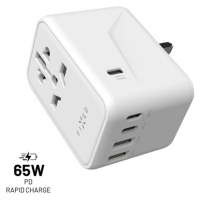 Cestovný adaptér FIXED pre EÚ, UK a USA/AUS, s 3xUSB-C a 2xUSB výstupom, GaN, PD 65W, biely