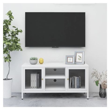 vidaXL TV skrinka biela 105x35x52 cm oceľ a sklo