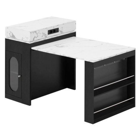 Modfu KUCHYNSKÝ ostrovček z MDF a skla 146,5x83x96 cm čierny s výsuvnou skladacou doskou, zásuvk