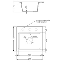 Mexen Milo, granitový drez 435x410x171 mm, 1-komorový a čierna batéria Duero, biela, 6505-20-671