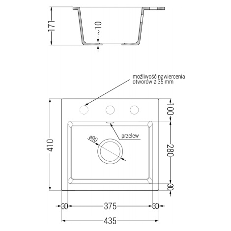 Mexen Milo, granitový drez 435x410x171 mm, 1-komorový a čierna batéria Duero, biela, 6505-20-671