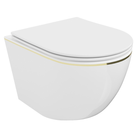 MEXEN - Lena Závesná WC misa vrátane sedátka s slow-slim, duroplast, biela/zlatá linka 30224005