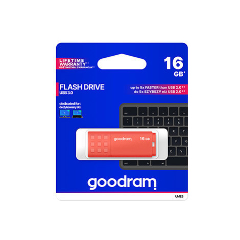 Goodram USB flash disk, USB 3.0, 16GB, UME3, oranžový, UME3-0160O0R11, USB A, s krytkou