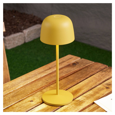 Lindby LED dobíjacia stolová lampa Arietty, žltá, hliník, Ø 10,5 cm