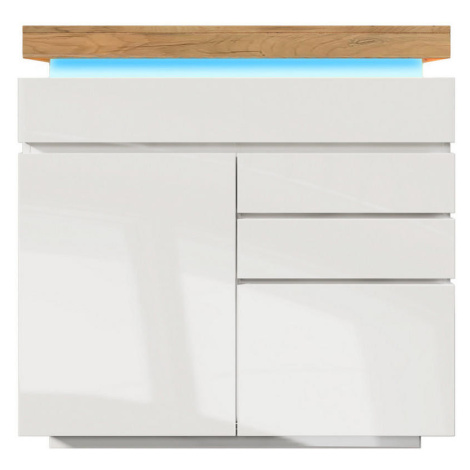 Modfu KOMODA z drevotriesky a MDF 110x39x115 cm biela s LED osvetlením, nastaviteľnými policami 