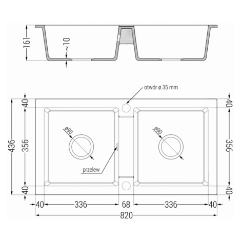 Mexen Mario, granitový drez 820x436x161 mm, 2-komorový a drezová batéria Aster, čierna-zlatá met