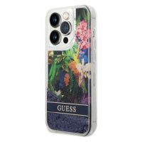 Plastové puzdro Guess na Apple iPhone 14 Pro GUHCP14LLFLSB Flower Liquid Glitter modré