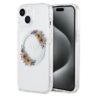 Guess PC/TPU Flowers Ring Glossy Logo MagSafe Zadný Kryt pre iPhone 15 Plus Transparent