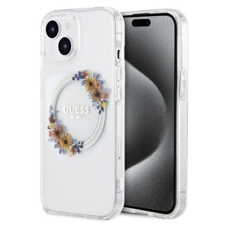 Guess PC/TPU Flowers Ring Glossy Logo MagSafe Zadný Kryt pre iPhone 15 Plus Transparent