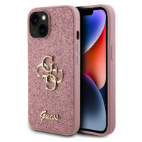 Guess PU Fixed Glitter 4G Metal Logo Zadný Kryt pre iPhone 15 Pink