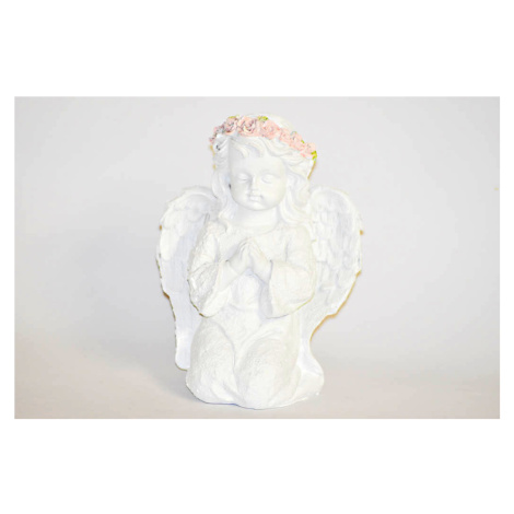 MAKRO - Anjel biely s ružovým venčekom kľačiaci 16cm, polyrezin