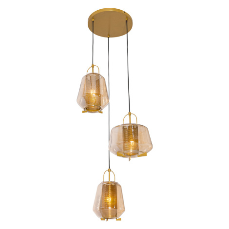 Závesná lampa zlaté jantárové sklo okrúhle 3 svetielka - Kevin QAZQA