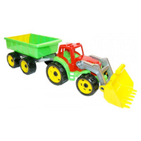Traktor červený s lyžicou a zelenou vlečkou