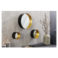 Estila Art deco sada troch okrúhlych závesných zrkadiel Marill s čierno zlatými kovovými rámami 