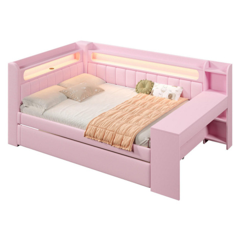 OKWISH ČALÚNENÁ posteľ 140/200 cm ružová z MDF a preglejky s výsuvnou posteľou písacím stolom LE