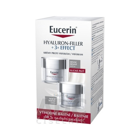 Eucerin Hyaluron-Filler +3xEFFECT denný krém SPF15 suchá pleť + nočný krém 2x50 ml VÝHODNÝ BALÍČ
