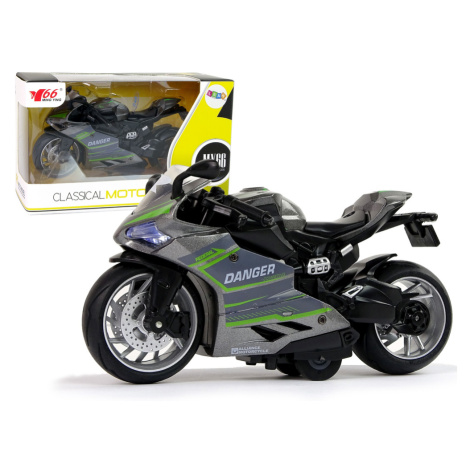 mamido Športový motocykel šedé zelené pruhy 1:12 Drive Pull-Back Light Sound