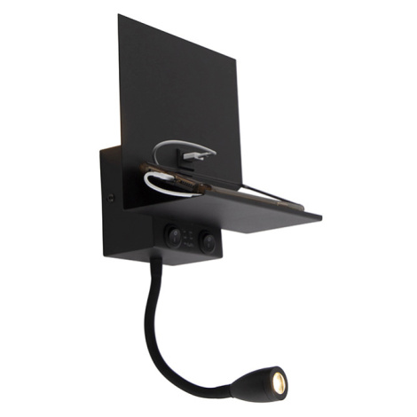 Moderné nástenné svietidlo čierne 2-svetlo s USB a ohybným ramenom - Flero QAZQA