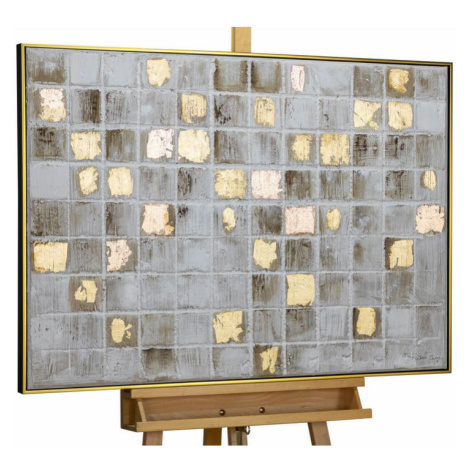 KUNSTLOFT RUČNE MAĽOVANÝ AKRYLOVÝ OBRAZ 102,5/77,5 cm, sivý/zlatý, abstraktný geometrický motív
