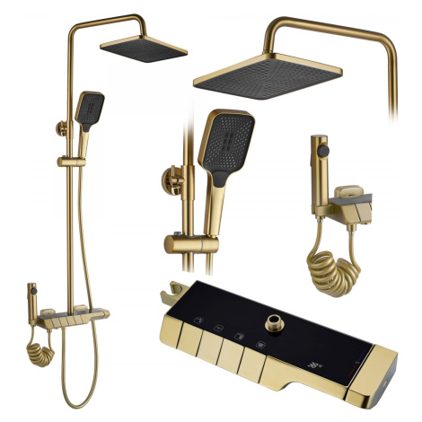 Sprchový set s termostatom Rea Rob tmavo zlatý - vaňová batéria, dažďová, ručná a bidetová sprch