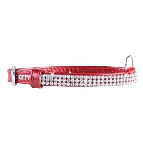 Lesklý kožený obojok s kryštálmi - 21 - 29cm, 12mm - červený