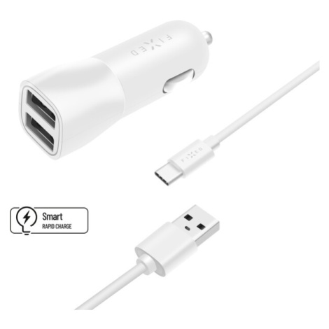 FIXED autonabíjačka s 2x USB a USB/USB-C káblom (1m), 15W, biela