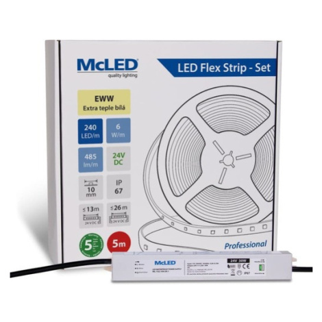 McLED  LED páska - sada 5 m, 240 LED/m, EWW, 6 W/m, DC 24V, 485 lm/m, CRI90, IP67, 10 mm, vodič 