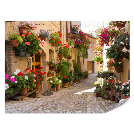 Muralo FOTOTAPETA Pre Obývaciu Izbu Talianska Kamenná Ulica Kvety Rastliny 450 x 315 cm