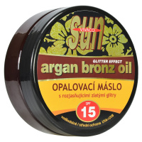 VIVACO Opaľovacie maslo s arganovým olejom s rozjasňujúcimi zlatými glitrami SPF15, 200 ml