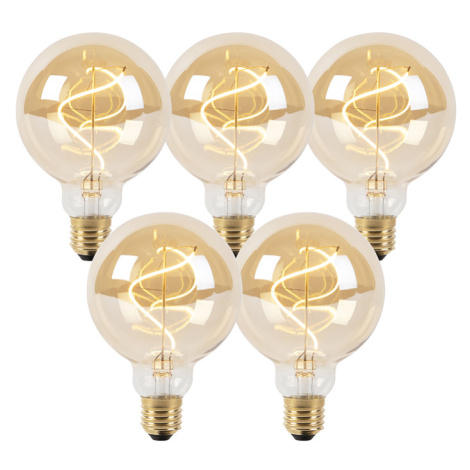 Sada 5 stmievateľných LED žiaroviek so špirálovým vláknom E27 G95 zlatá 4W 270lm 2100K LUEDD