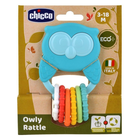 CHICCO Hryzačka s hrkálkou so senzorickými krúžkami Eco+ Sova Owly 3m+