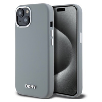 DKNY Liquid Silicone Silver Metal Logo Magsafe Zadný Kryt pre iPhone 15 Grey