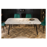 Estila Art-deco jedálenský stôl Forisma so sklenenou bielou doskou s mramorovým vzhľadom a čiern