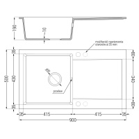 Mexen Leo, granitový drez 900x500x190 mm, 1-komorový a drezová batéria Carla, šedá, 6501-71-6707