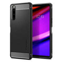 Sony Xperia 10 V, silikónové puzdro, Spigen Rugged Armor, karbónový vzor, čierne