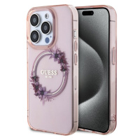 Guess PC/TPU Flowers Ring Glossy Logo MagSafe Zadný Kryt pre iPhone 15 Pro Pink