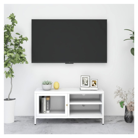 vidaXL TV skrinka biela 90x30x44 cm oceľ a sklo