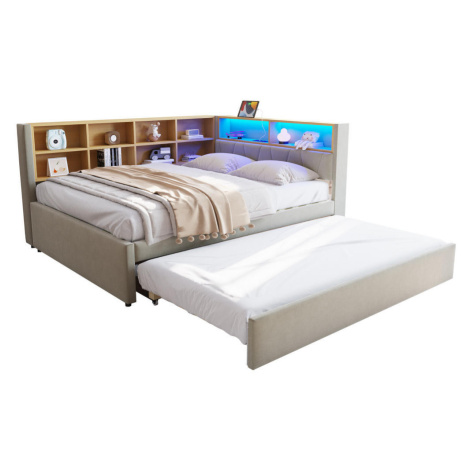 OKWISH ČALÚNENÁ posteľ 140/200 cm svetlosivá s výsuvným lôžkom 90/190 cm a LED osvetlením z flan