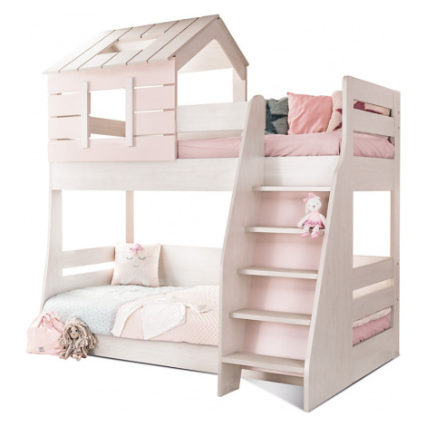 Poschodová posteľ pravá so schodíkmi boom - breza/ružová