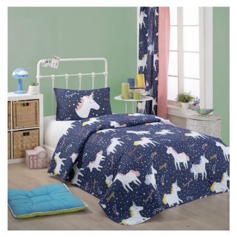 Set prehozu cez posteľ a obliečky na vankúš s prímesou bavlny Eponj Home Magic Unicorn Dark Blue Mijolnir