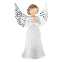 Polyresinový anjel s kovovými krídlami biela, 12 x 7 cm