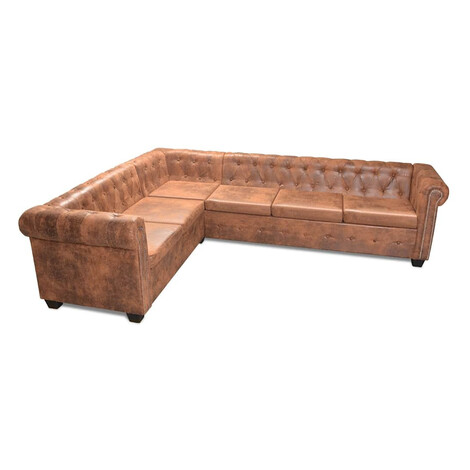 vidaXL RohovĂˇ pohovka Chesterfield, 6-miestna, umelĂˇ koĹľa, hnedĂˇ
