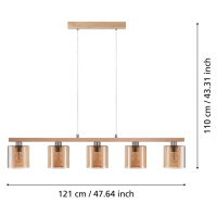 Castralvo závesná lampa, dĺžka 115 cm, drevo/jantár, 5 svetiel, sklo