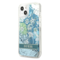 Plastové puzdro Guess na Apple iPhone 13 Mini GUHCP13SLFLSN Flower Liquid Glitter zelené