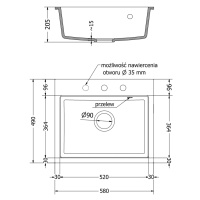 Mexen Oscar, 1-komorový granitový drez 580x490x205 mm, biela, 6519581000-20-B