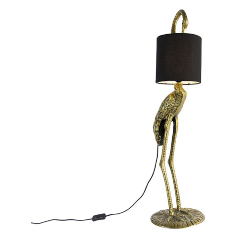 Vintage stojaca lampa z mosadze, tienidlo čierne - Crane bird QAZQA