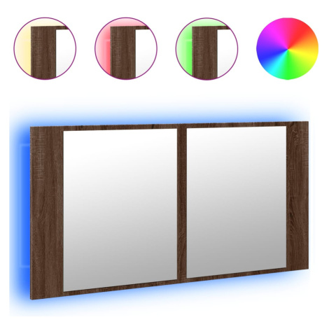 vidaXL LED kúpeľňová zrkadlová skrinka hnedý dub 90x12x45 cm akryl